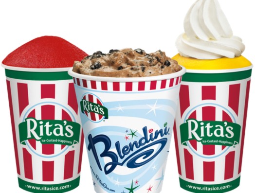 Three branded Rita’s cups feature, from left to right, a cherry Italian Ice, a chocolate Blendini with cookie bits mixed in, and a lemon Gelato with a swirl of vanilla frozen custard on top.
