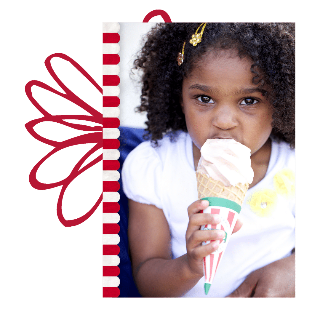 Little girl with flower barrettes in her hair eats a vanilla frozen custard cone. A red and white awning and line drawing of flower petals decorate the right side of the image.