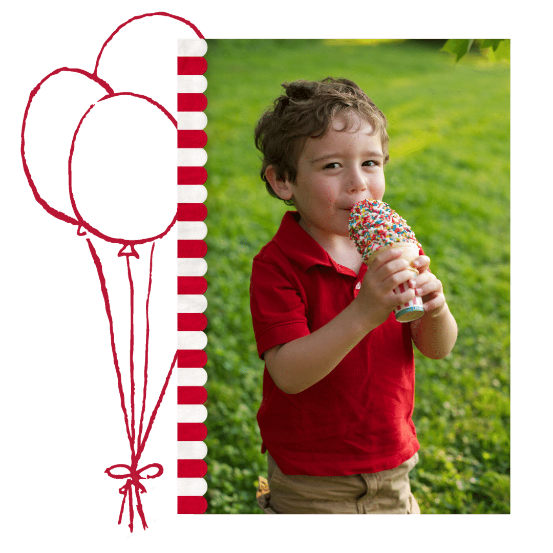 Cartoon balloons and red and white awning border flank the left of a photo of a little boy in a red shirt eating a sprinkle cone from Rita's