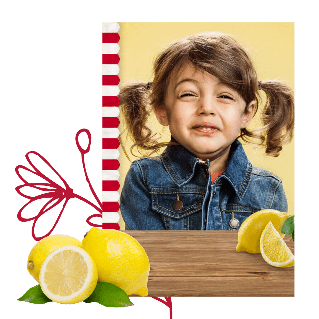 Smiling girl in pigtails makes a face like she's eating something sour. Illustration includes sliced lemons, red and white awning border on the left and a cartoon flower