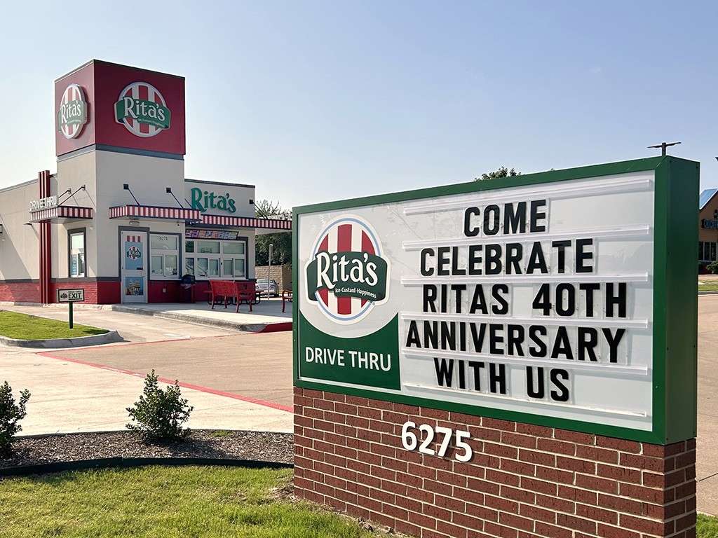 Come celebrate Rita's 40th anniversary with us sign in front of a Rita's Franchise